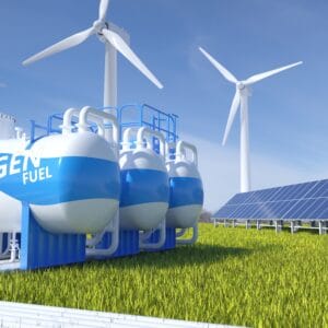 hydrogen deposits in nature. solar panels and wind turbines in the background.