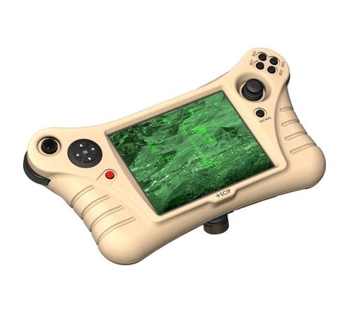 Beige handhållen enhet med grön skärm.