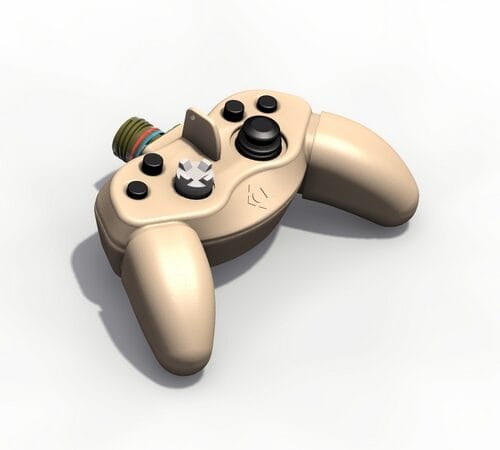 Beige spelkontroll med joystick och knappar