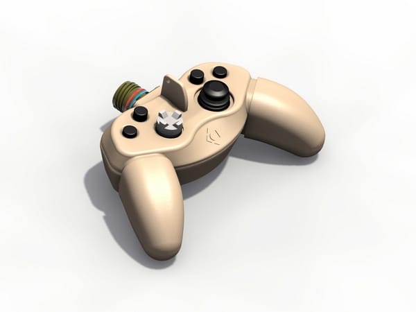 Beige spelkontroll med joystick och knappar