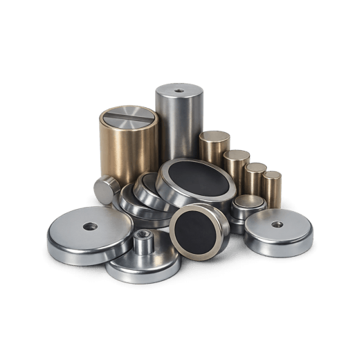 Metallcylindrar och skivor på grå bakgrund