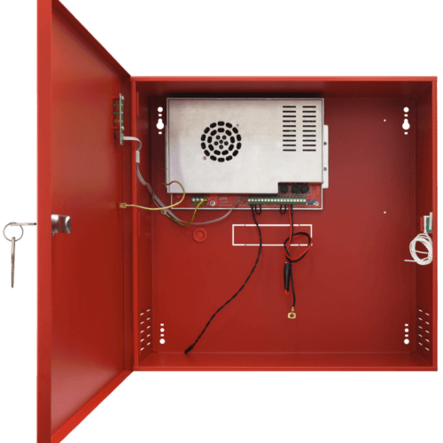 Öppen röd elbox med kablar och komponenter