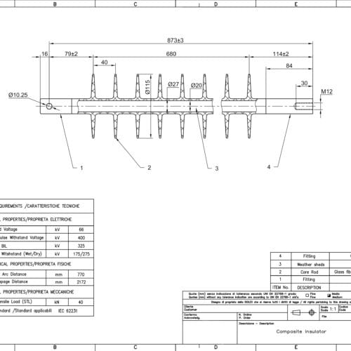 Teknisk ritning av kompositisolator.