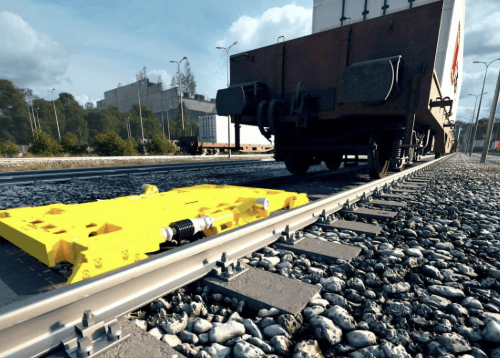 Gult maskineri på järnväg med järnvägsvagn