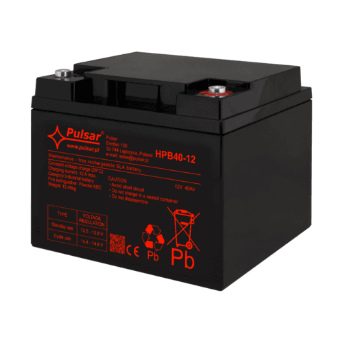 Svart batteri med röd text och symboler