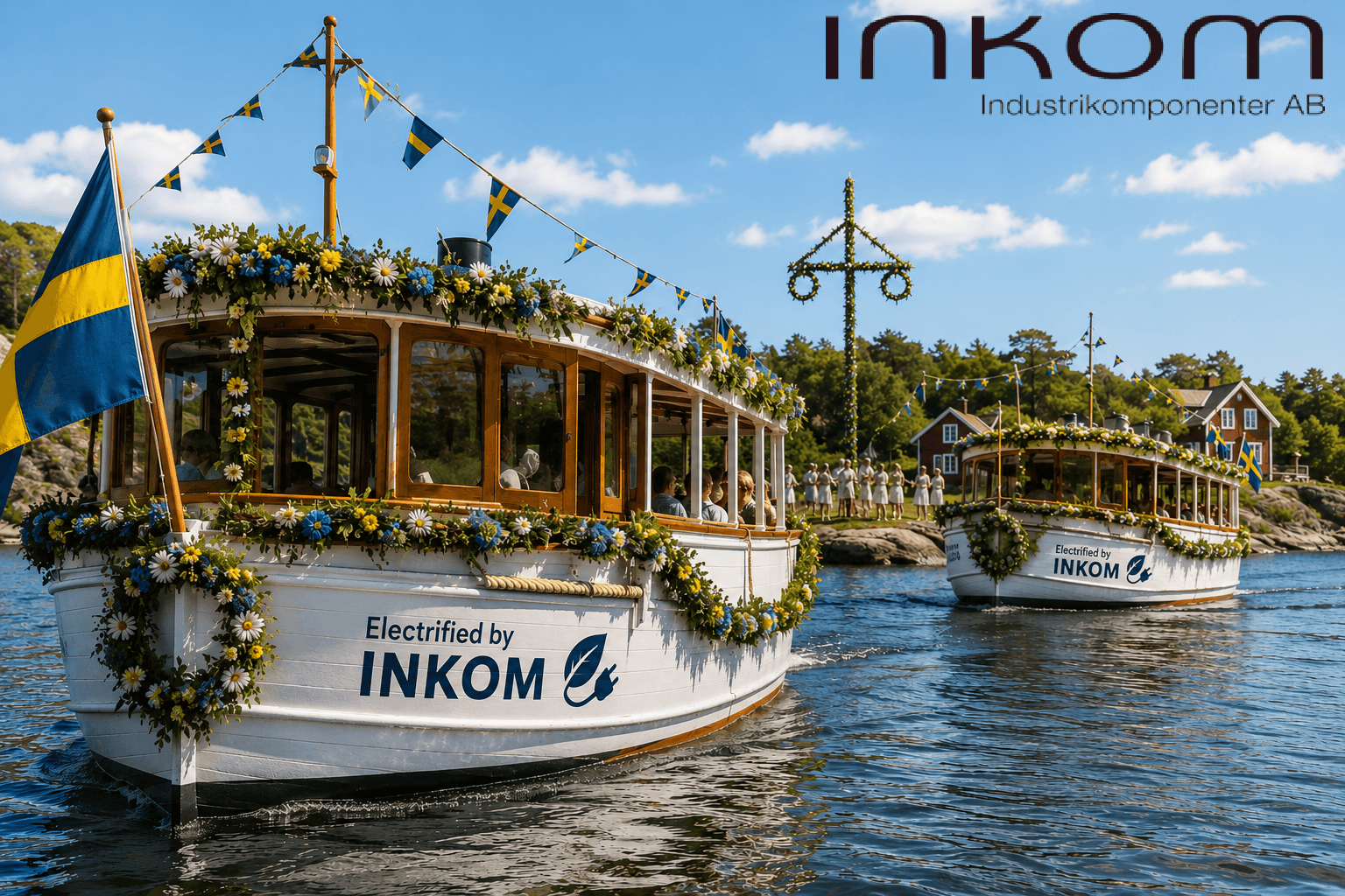 Blomdekorerade elbåtar vid svenskt midsommarfirande