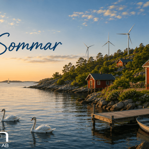 Röd stuga vid havet i sommarsolnedgång