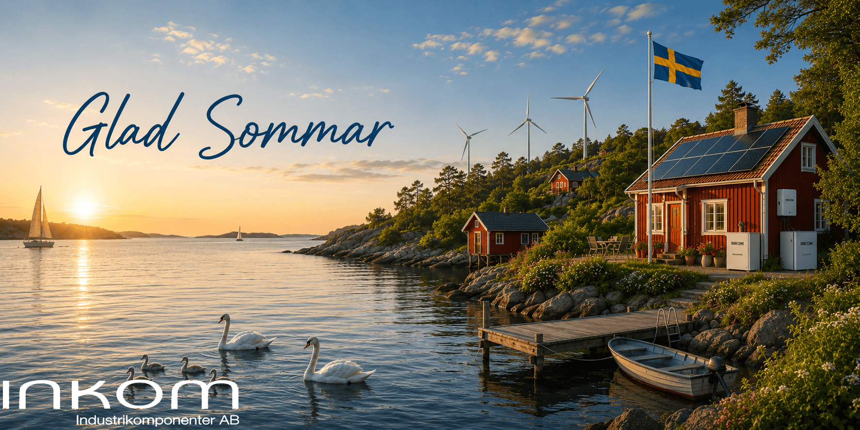 Röd stuga vid havet i sommarsolnedgång