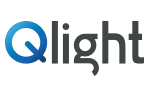 Qlight-logotyp med blått Q och grå text
