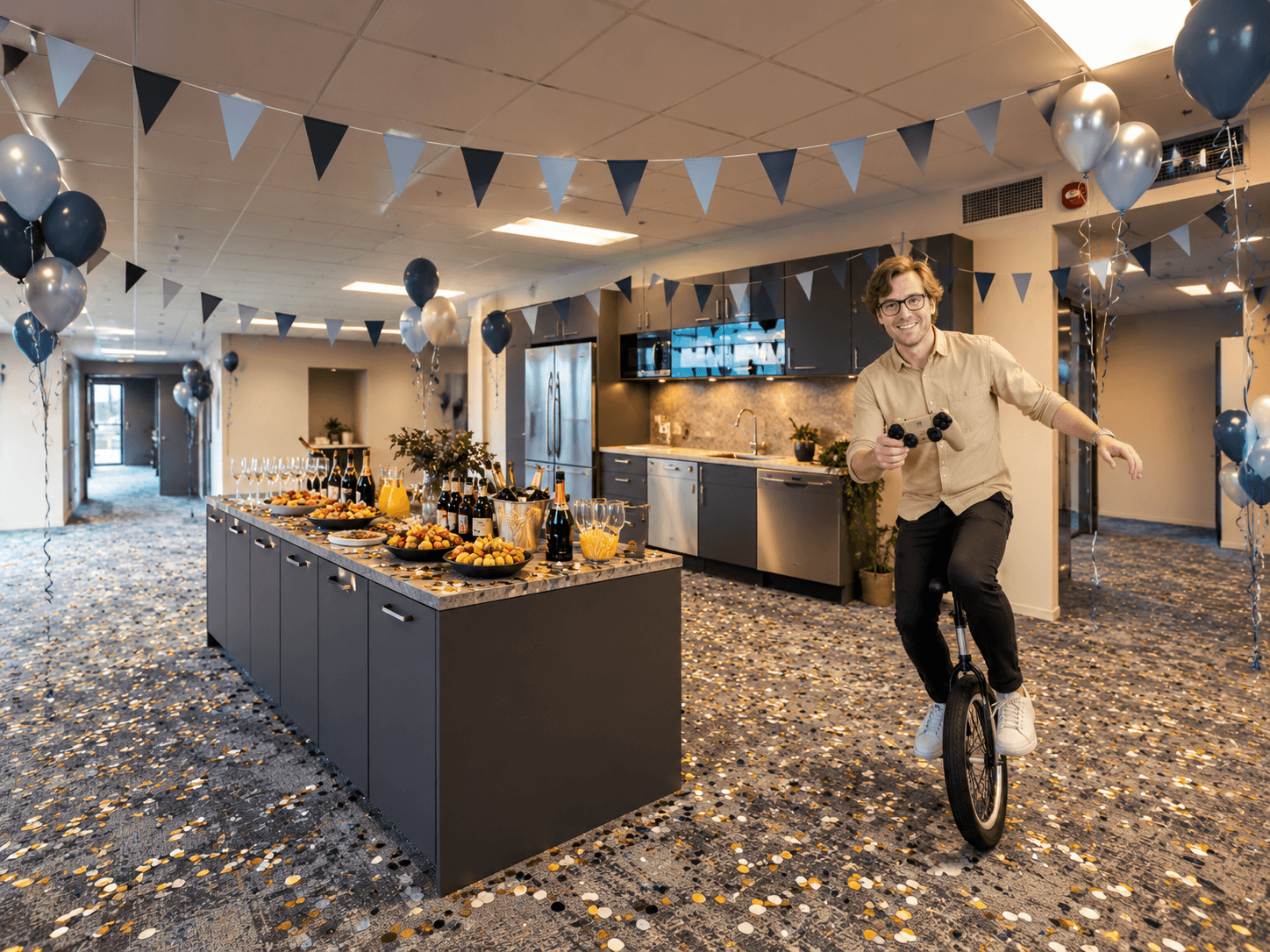 Man cyklar enhjuling på festdekorerat kontor